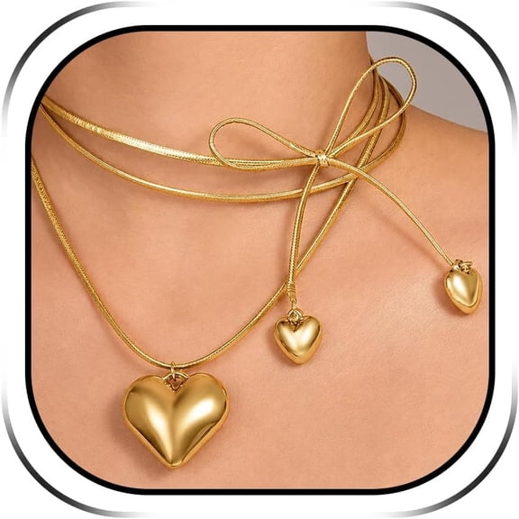 Tie Necklace Layered Heart Choker Necklace for Women Adjustable Gold Pendant Necklace Tie Wrap Bowknot Collar Charm Jewelry Gift