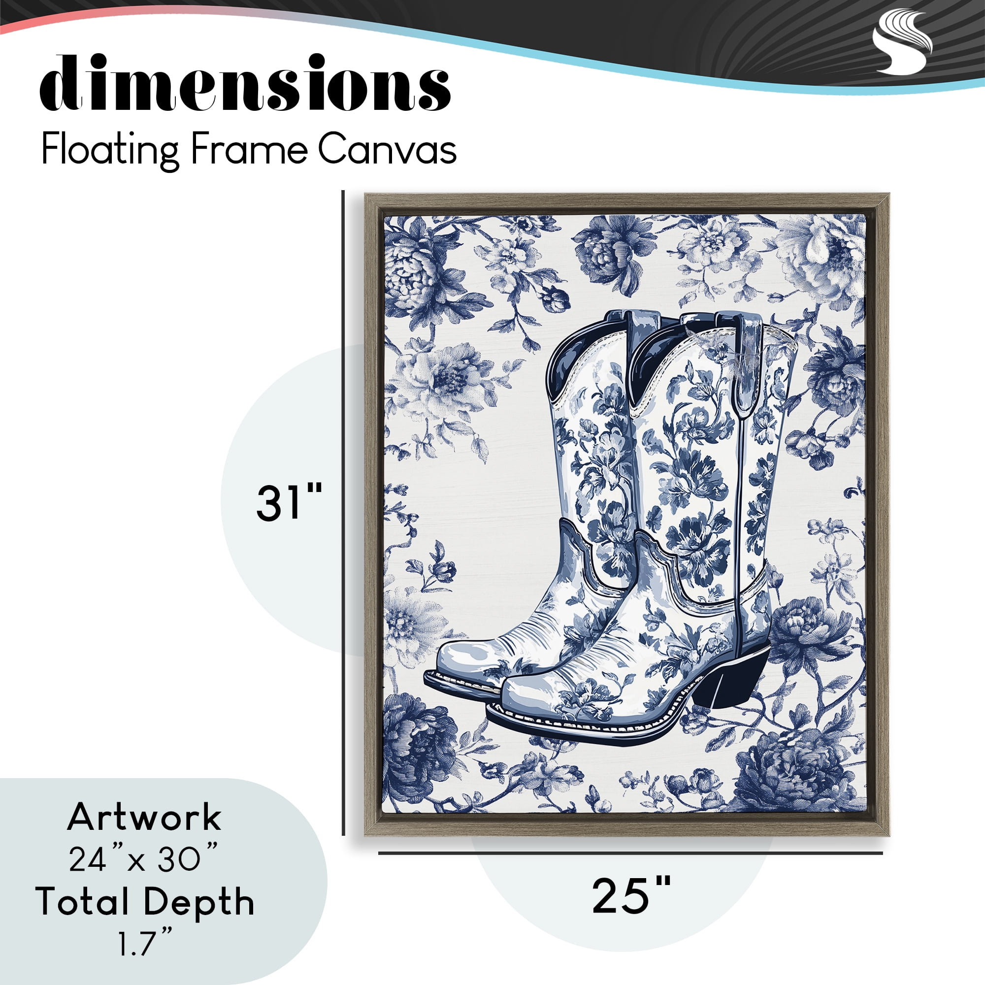 Blue Spring Florals & Boots Brown Framed Floater Canvas Wall Art, design by Lettered and Lined