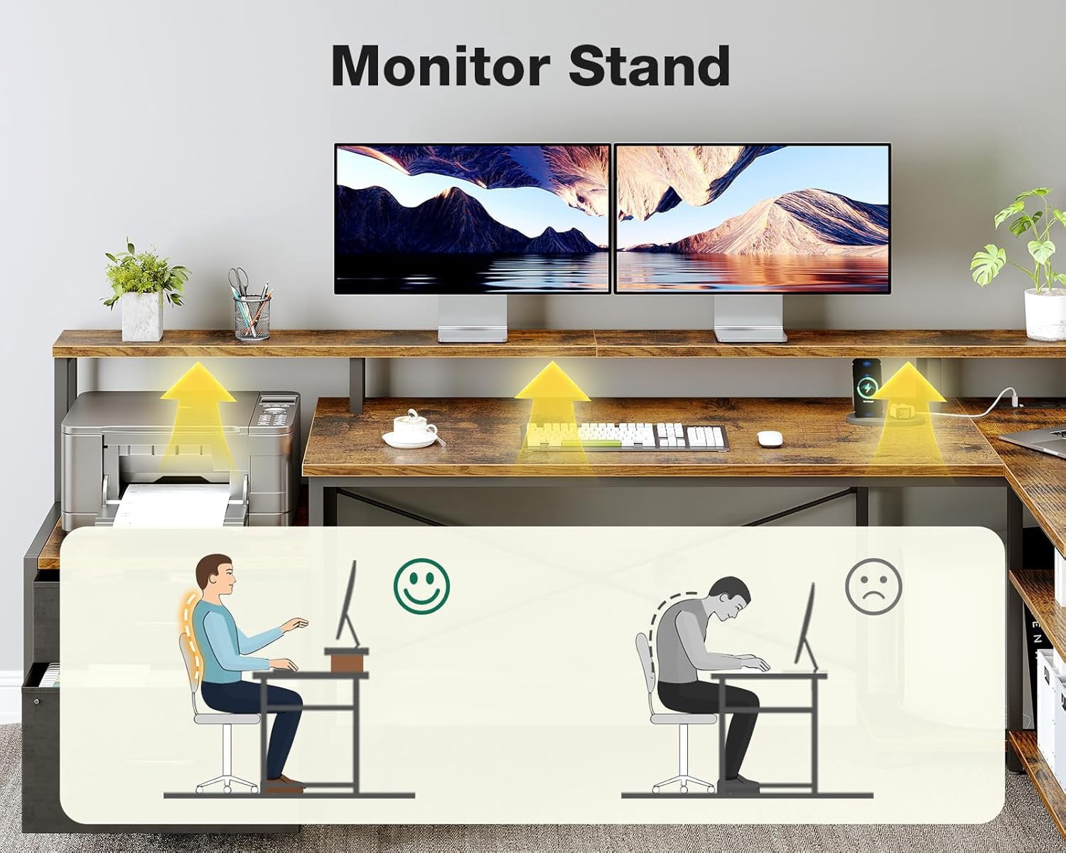 AODK 75" L Shaped Computer Desk with Power Outlet & File Drawers, Reversible Corner Desk for Home Office, Gaming & Remote Work, Includes Storage Shelves & Monitor Stand, Vintage