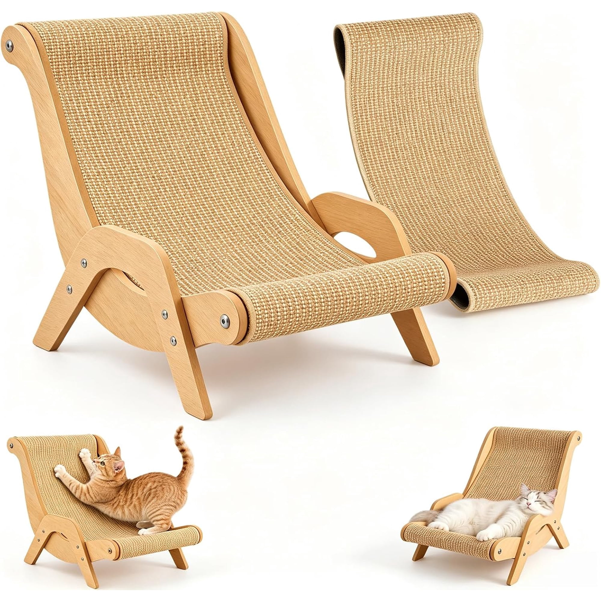 Cat Scratch Lounge Chair Multi-Layer Solid Wood & Sisal Anti Slip Base for Pets Scratching Napping Stretching and Sofa Protection