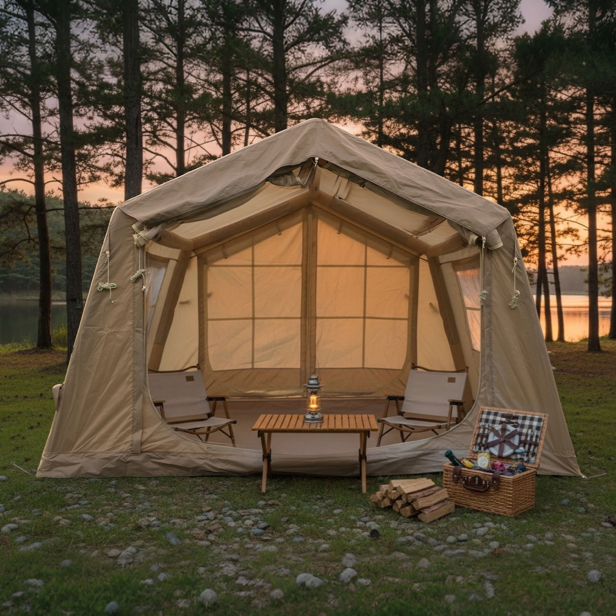 NOBOLEA Large Inflatable Tent 4-6 Person, 5-Min Quick Setup Blow Up Tent with Stove Jack & AC Port, Waterproof Oxford Tent with Air Pump for 4 Season Camping