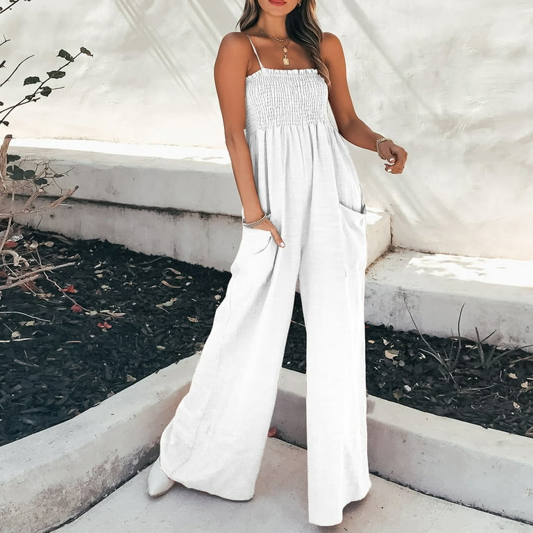 Women's Summer Casual Tie Strap Wide Leg Jumpsuit Square Neck Smocked Flowy Long  Pants Rompers with Pockets 