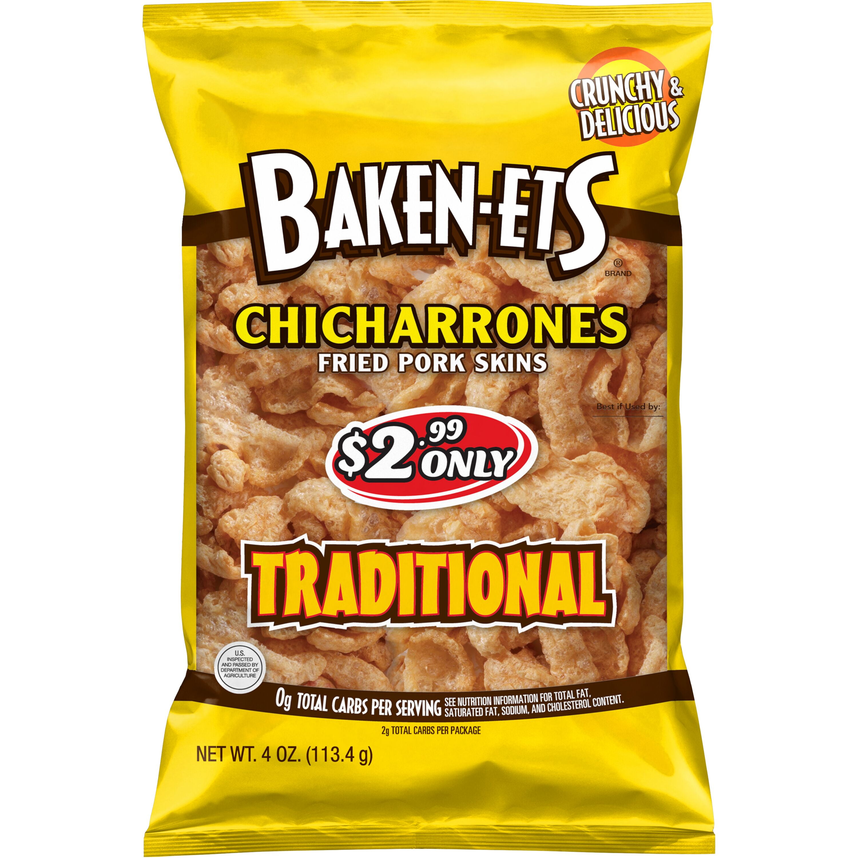 Baken-Ets Traditional Chicharrones Fried Pork Skins, 4 oz Bag