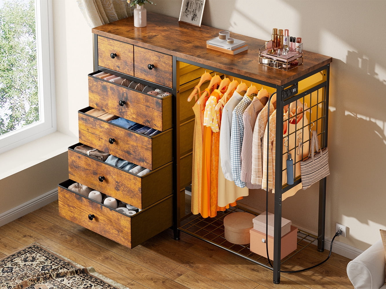 Snhomee Modern Dresser with Clothes Rack Bedroom Dresser with Hanging Rack & Side Storage Drawers Dresser with Fabric Drawers & LED Lights