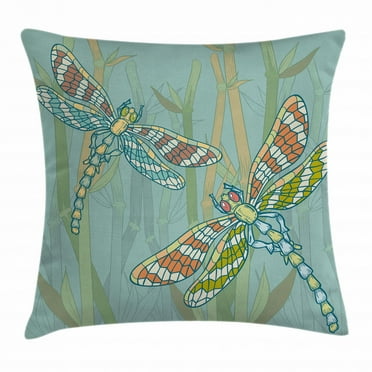 Dragonfly Throw Pillow Cushion Cover, Doodle Style Giant Dragonfly Figures on Lake Bushes Nature Exotic Picture Art, Decorative Square Accent Pillow Case, 18 X 18 Inches, Almond Green, by Ambesonne