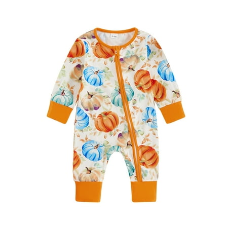 

Vervocedenovo 0-12M Infant Baby Boy Halloween Romper Casual Pumpkin Print Zipper Long Sleeve Jumpsuit for Fall