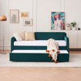thumbnail image 3 of Twin Upholstered Daybed Frame with Trundle & Armrest, Twin Size Sofa Bed for Bedroom Living Room Guest Room, Wood Slat Support, Emerald, 3 of 9