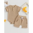 thumbnail image 3 of Musuos Baby Boy Summer Clothes 3 6 9 12M Solid Color Waffle Short Sleeve Button Romper with Shorts 2Pcs Outfit, 3 of 10