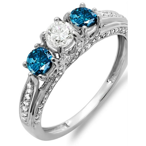 Dazzlingrock Collection 1.00 Carat (ctw) 14K White & Blue Diamond Vintage Bridal 3 Stone Engagement Ring, White Gold, Size 4