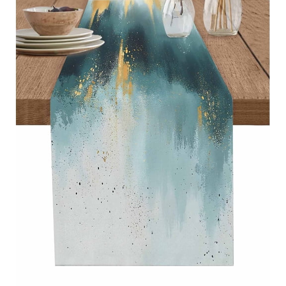 Hokiten Table Runners 70 Inches Long Dress Scarves, Modern Teal Gold Farmhouse Coffee/Dining/Kitchen Table Decor, Holiday Table Runner, Abstract Geometric Lines 13x70 Inch