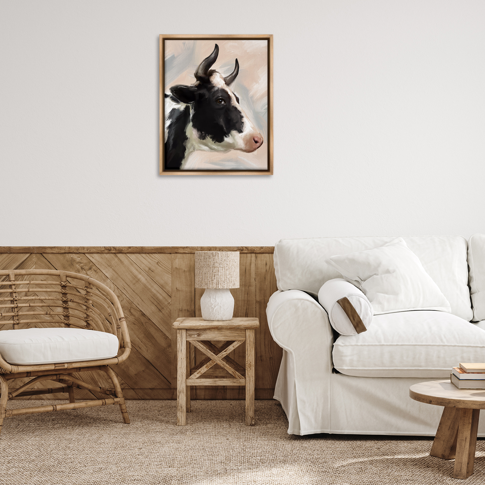 Stupell Industries Farm Cow with Horns Animals Painting Brown Floater Framed Canvas Art Print Wall Art, 25 x 31