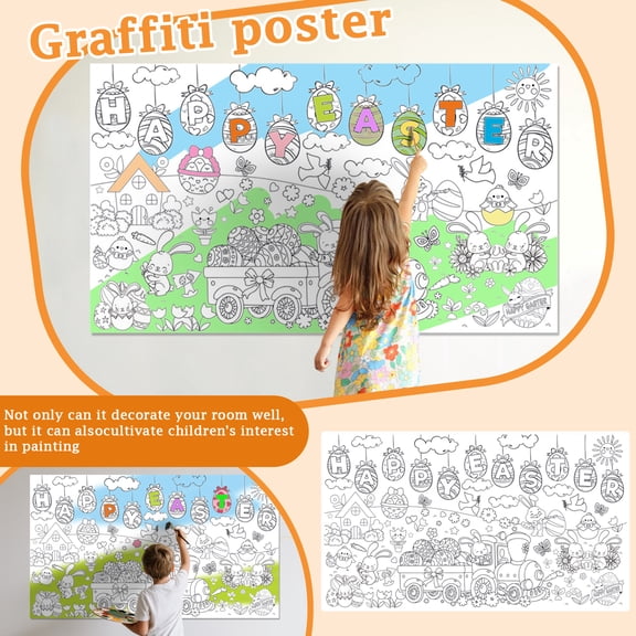 Easter Kids Coloring Poster 30x50 Inch - Giant Coloring Tablecloth for Easter Bunny Party Supplies & Favors