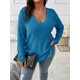 thumbnail image 1 of Camiseta holgada de polar de manga larga con cuello en V y color liso de otoño e invierno para mujer de talla grande, 1 of 6
