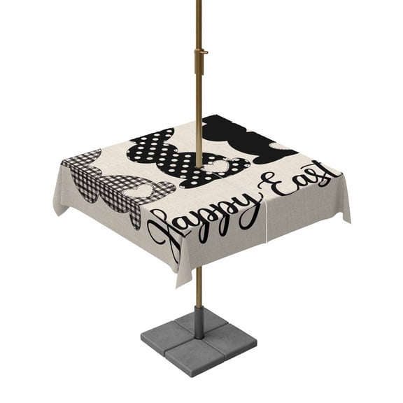 Outdoor Tablecloth with Umbrella Hole and Zipper, Happy Easter Rabbits Square Table Cloth 60x60 Inch Waterproof Tablecloth, Black Plaid Polka Dots Rabbits Beige Picnic Table Cover for Patio Camping