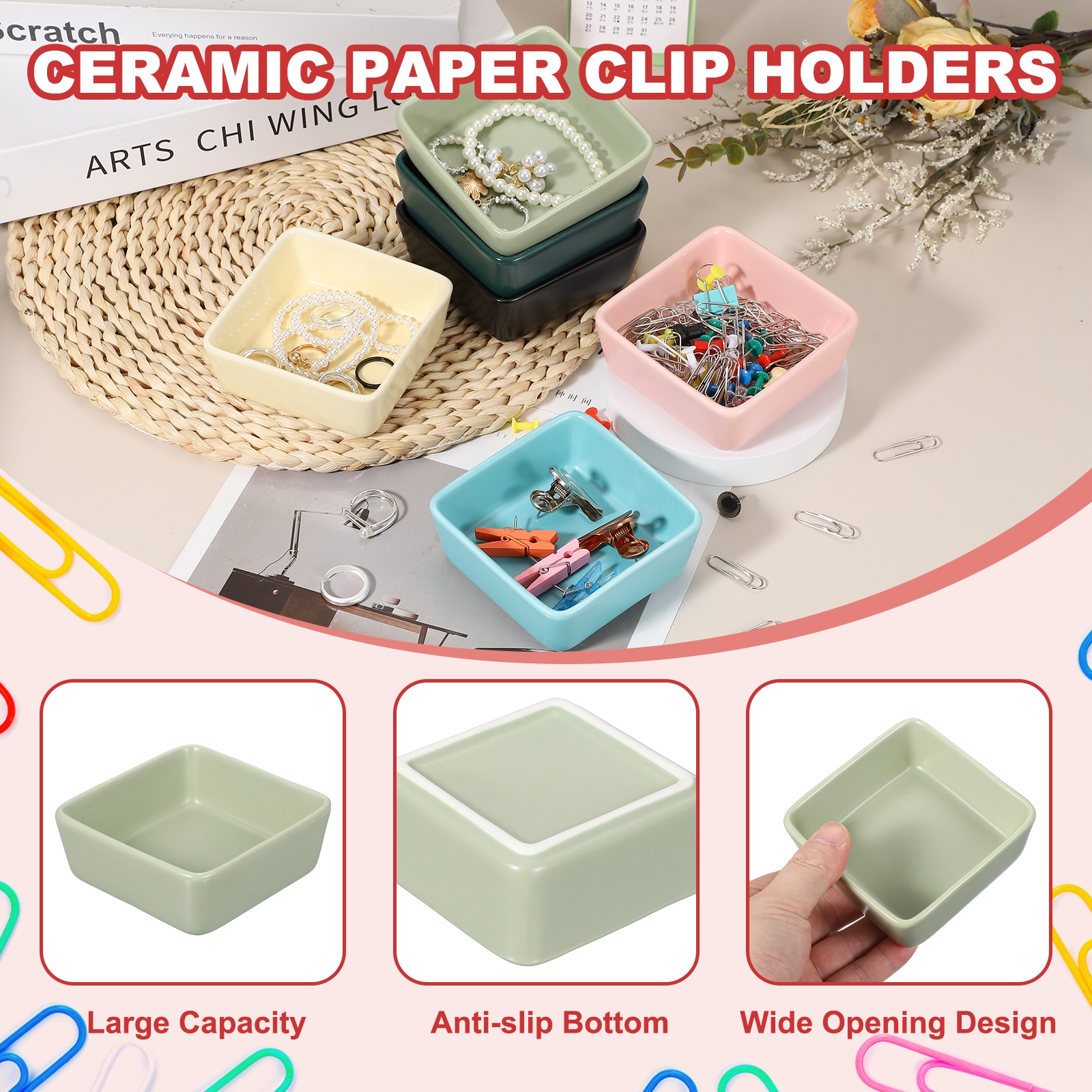 Uxcell Square Paper Clip Holders, 2 Pcs Ceramic Clip Dispenser Organizer Desk Organizer Accessories for Office Desktop Decor Bobby Pin Binder Paper Clamp, Matcha Green