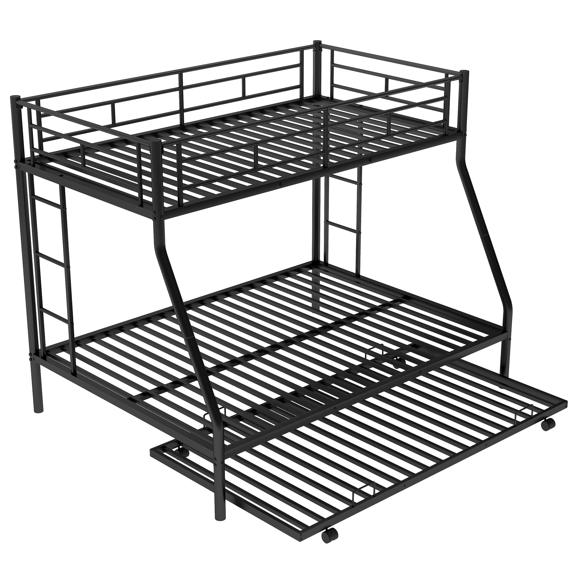 Leumius Twin Over Full Bunk Beds with Twin Trundle,Heavy Duty Metal Bed Frame with Sturdy Steel Frame,Triple Bunk Bed with Two-Side Ladders & Safety Guard Rails for Boys Girls Adults,Black