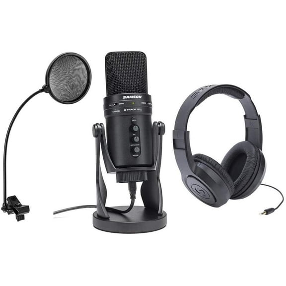 Samson G-Track Pro Studio USB Condenser Mic with Audio Interface - Bundle With Samson SR350 Over-Ear Stereo Headphones, Mr Dj Pop Filter with Gooseneck
