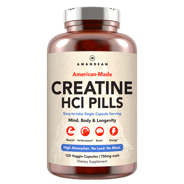 Amandean Creatine HCl Pills. 120 Count. USA Made CON-CRET. 1 Capsule Equals 5g of Monohydrate Powder. No Bloat Creatine for Women. Supports Muscle Growth, Energy, Cognitive Function, Performance