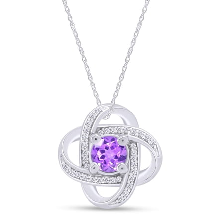 AFFY Round Cut Simulated Amethyst & White CZ Inter Woven Pendant Necklace in 14k White Gold Over Sterling Silver