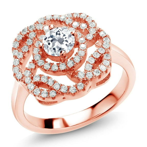 Gem Stone King 18K Rose Gold Plated Silver Round White Topaz Flower Blossom Ring for Women (1.63 Cttw, Gemstone November Birthstone, Size 7)