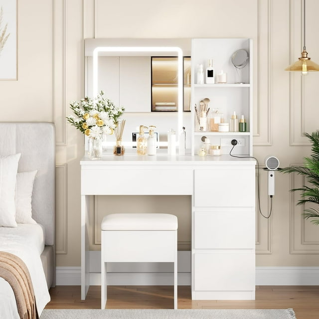 EDTara Vanity Desk with LED Mirror, Makeup Vanity Desk with 4 Drawers, Power Outlets, Storage Stool, Storage Shelves & Hair Dryer Holder , Adjustable 3 Lighting Modes, Makeup Vanity Set for Bedroom