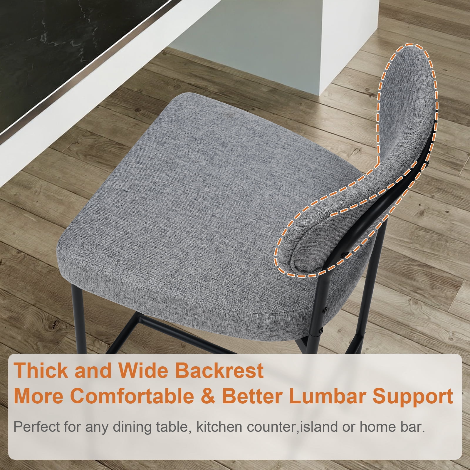 Hommpa Bar Stools Chairs Set of 4, 26" Gray Fabric Kitchen Counter Stools with Curved Back and Footrest, Fabric Counter Height Bar Chair for Kitchen Island