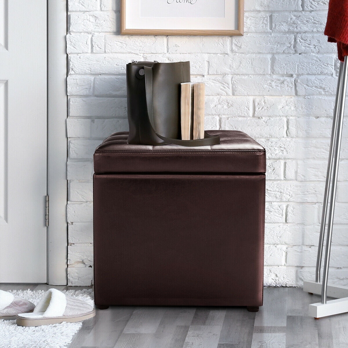 Costway 16''Cube Ottoman Pouffe Storage Box Lounge Seat Footstools with Hinge Top Red Brown
