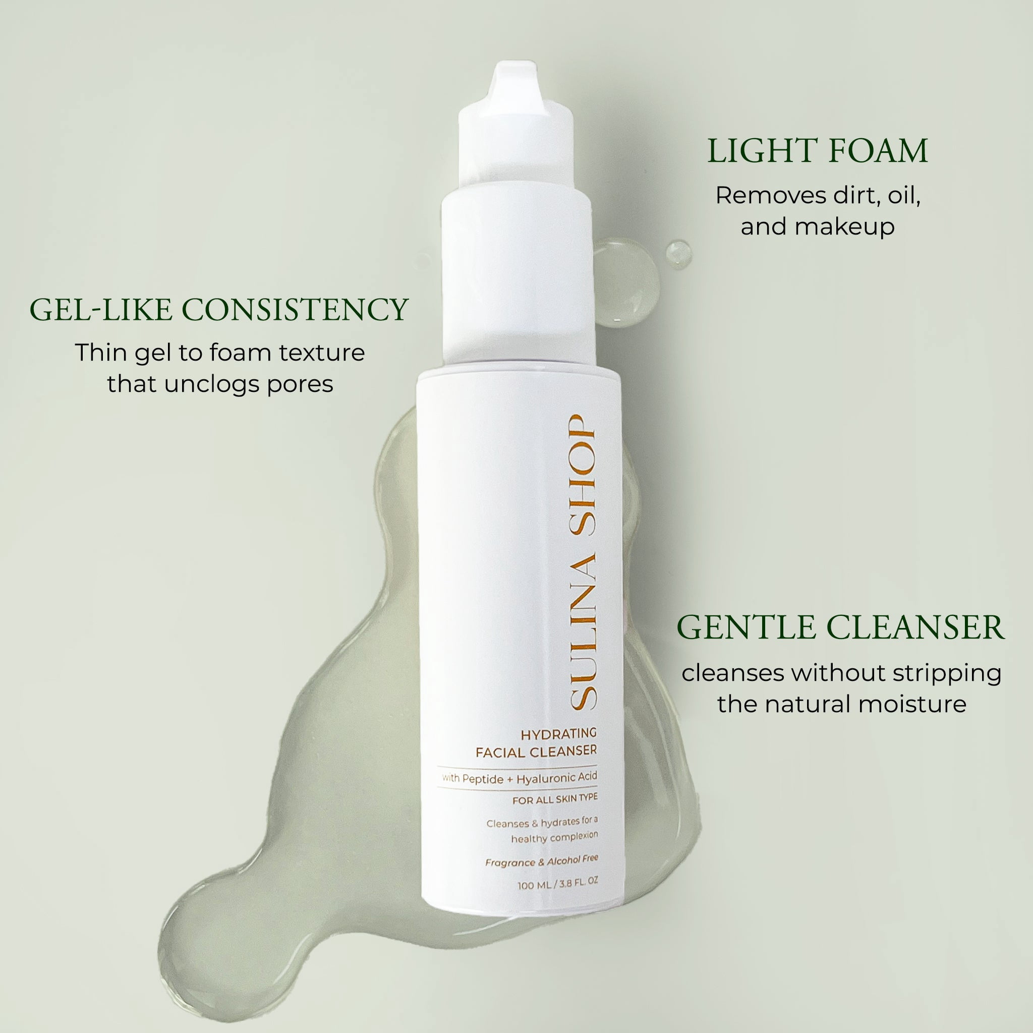 Sulina Shop Hydrating Facial Cleanser with Peptide Plus Hyaluronic Acid for All Skin Types, Moisturizing Face Wash, Fragrance & Alcohol-Free Formula, 100ml