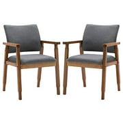 Set of 2 Mid Century Modern Walnut Dining Chairs Wood Arm Grey Fabric Kitchen Cafe Living Room Decor Furniture