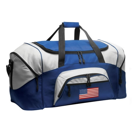US Flag Duffel or American Flag Luggage This unique Broad Bay American Flag Duffel or American Flag Luggage Bag is loaded with features such as two secure front pockets  large zippered pockets on each end  an easy access double zippered top opening  an adjustable and detachable shoulder strap  padded carry handles  and super strong 600 Denier fabric. This top quality Broad Bay American Flag Duffel is perfect as a American Flag gym bag  a travel duffle bag  or a American Flag luggage bag. (Size: 13.5  x 27.25  x 14.5 )