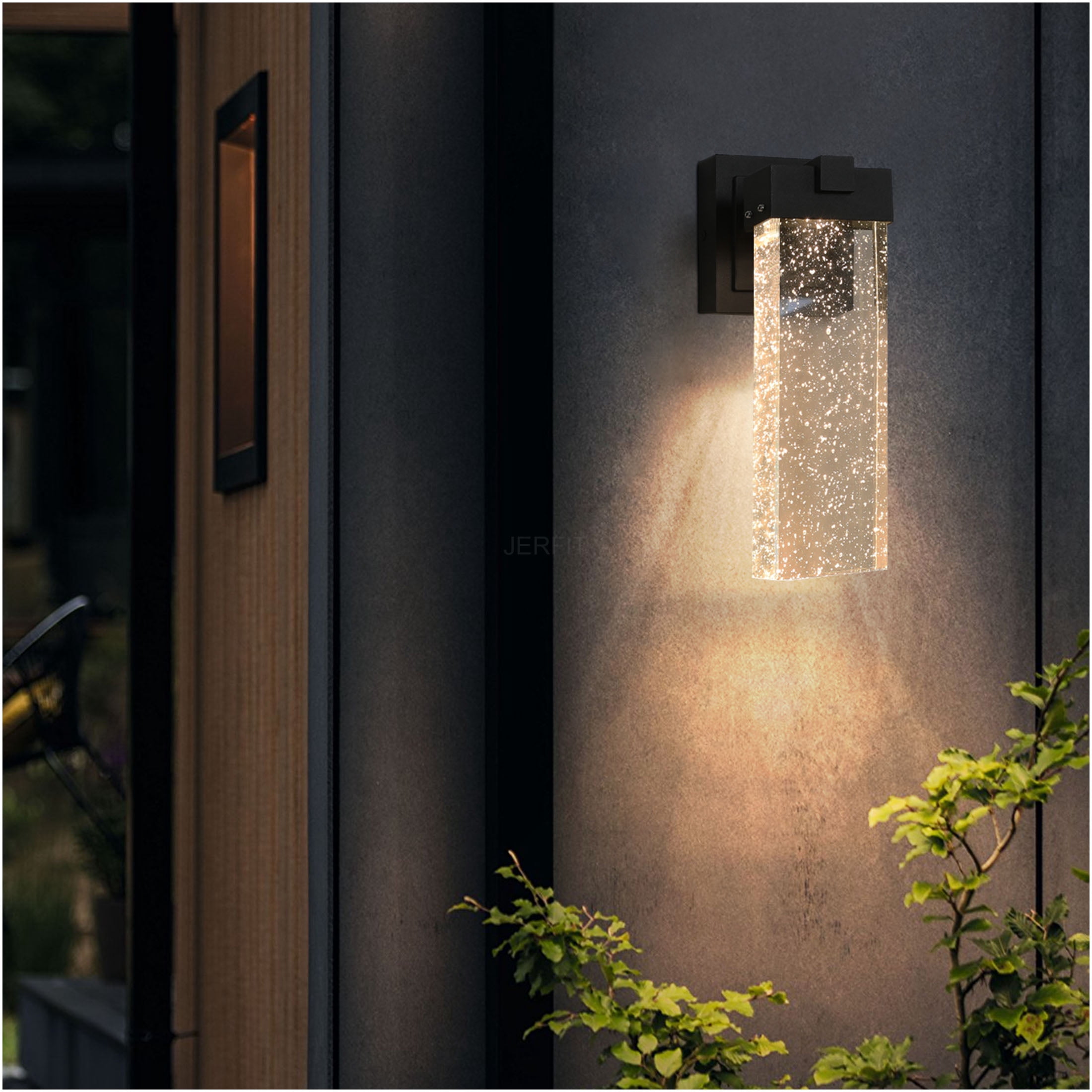 JERFIT Modern Outdoor Wall Lantern with Crystal Glass, 2-Pack Black LED Sconce Light with Dusk to Dawn Sensor, Waterproof for Porch Garage Entryway