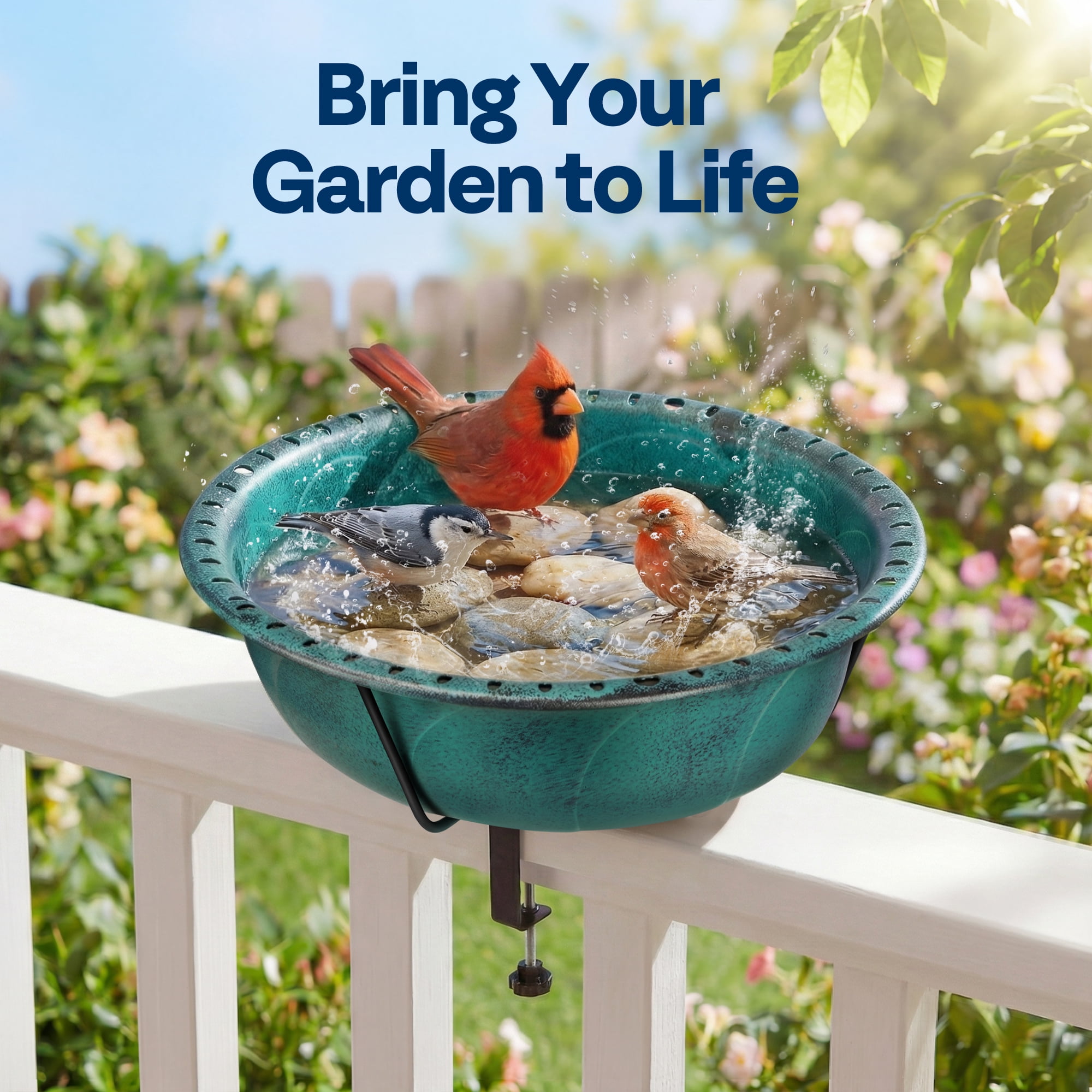 SPECSTAR Deck Mounted Bird Bath for Outside, Weather-Resistant ABS Bird Bath and Feeder with Adjustable Metal Clamp for Railing, Fence, Balcony, 1.45 Gallons, Green