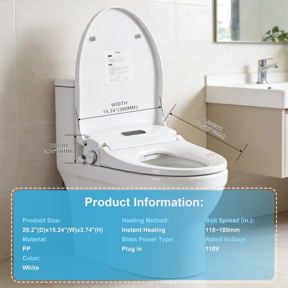 Elongated Smart Bidet Seat with Radar Open/Close, Heated Seat & Water, Night Light, Remote