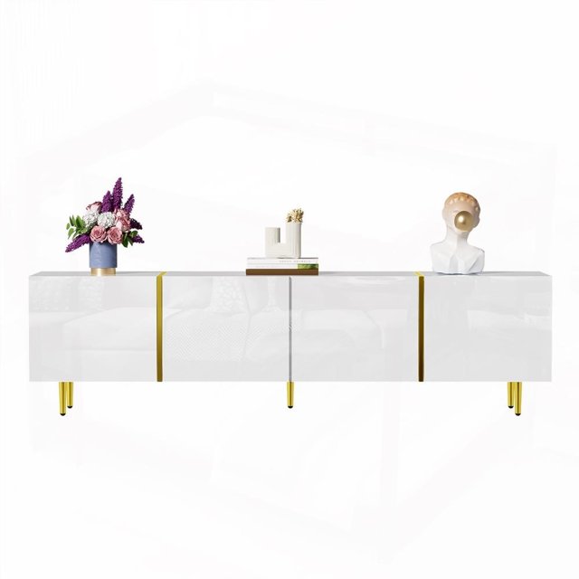 Sleek White High-Gloss TV Stand | 4 Doors for Storage, Decor-Friendly