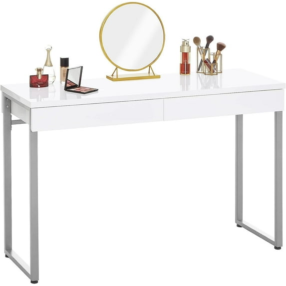ZXNYH Vanity Desk with 2 Drawers Glossy White 47 inch Modern Home Office Computer Writing Desk Makeup Dressing Table with Metal Silver Legs for Bedroom,Without Mirror