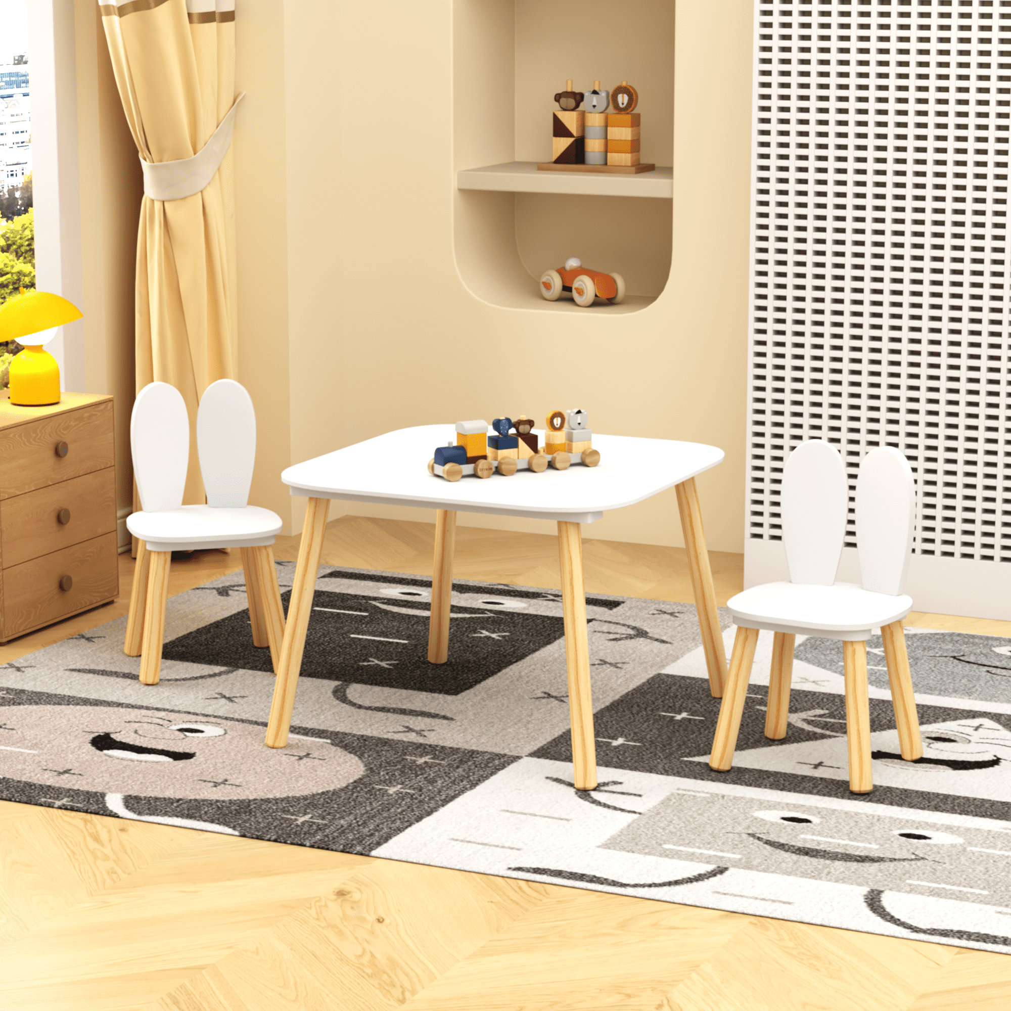 Yoneston Kids Table and 2 Chairs Set with Rabbit theme,Children Wooden Activity Play Table Set for Kid's Room, Living Room, Play Room,White