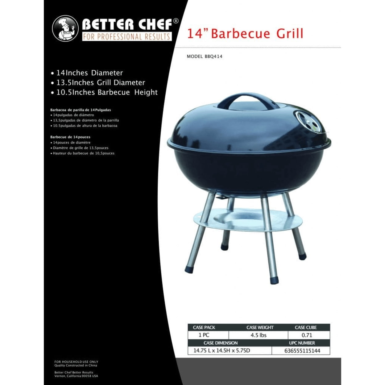 Better Chef 14 Inch Portable Charcoal Grill BBQ414 Enamel Coated Stainless Steel