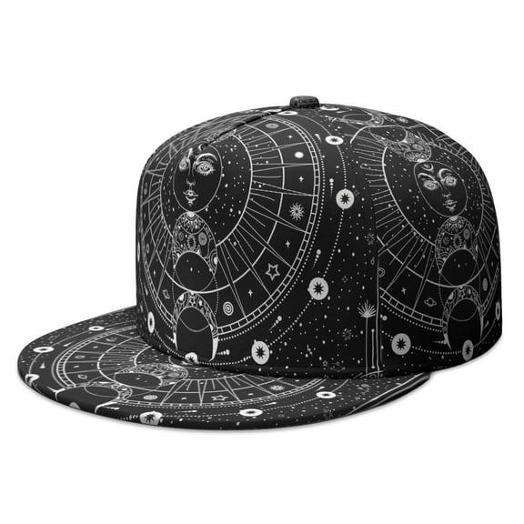 Dark Celestial Moon Star Flat Bill Hat - Unisex Adjustable Snapback for Streetwear & Hip Hop Fashion