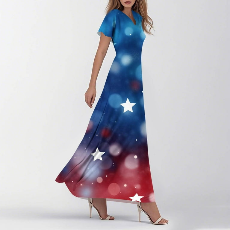 SAATLERI Red White and Blue Dress for Women Elegant Maxi 4th of july Dress  Plus Size V Neck Short Sleeve America Clothes Flowy Dresses - Walmart.com