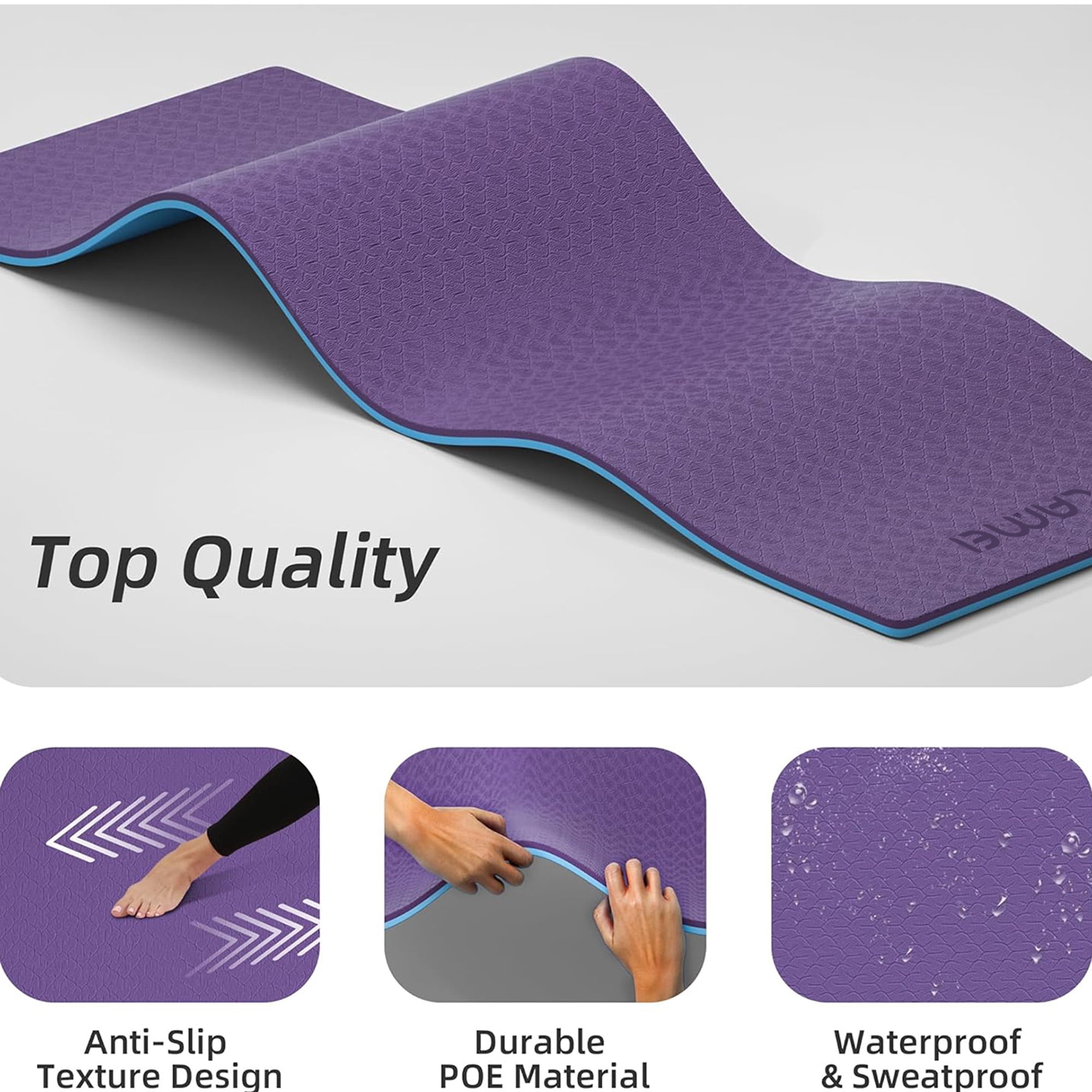 LAMEI Yoga Mat Thick 10mm, 31.5" Extra Wide for Men and Women, Non-Slip TPE Exercise Matt, Two Tone Fitness Mats with Straps for Carrying(Purple+Blue)