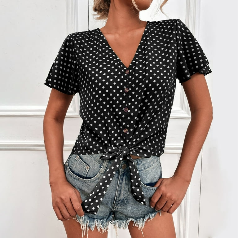 ZIZOCWA Empire Waist Tops For Women Woman S Summer Tops Women S Short Sleeve Lace Up Top Shirt Button Print T Shirt Loose Shirts Fashion Bottoming Shirt Top Womens Exercise Clothes Walmart