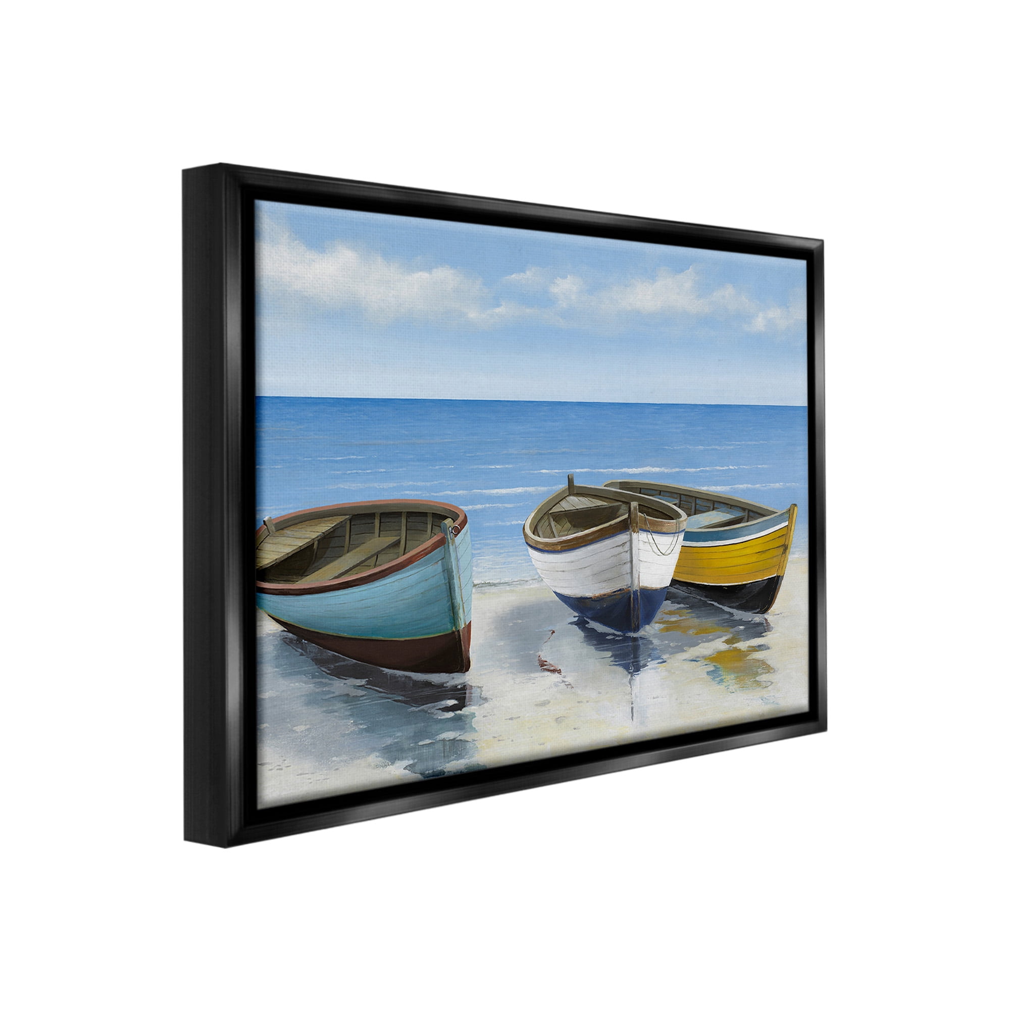 Stupell Industries Coastal Rowboats on Shore Transportation Painting Black Floater Framed Canvas Art Print Wall Art, 21 x 17