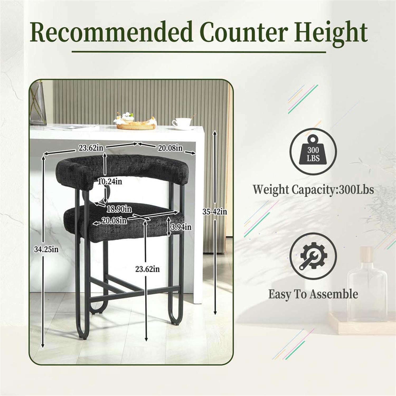 Demi Bonn 34" Counter Height Bar Stools Set of 2, Upholstered Barstools with Back, Kitchen Island Countertop Chairs for Dining Room, Black