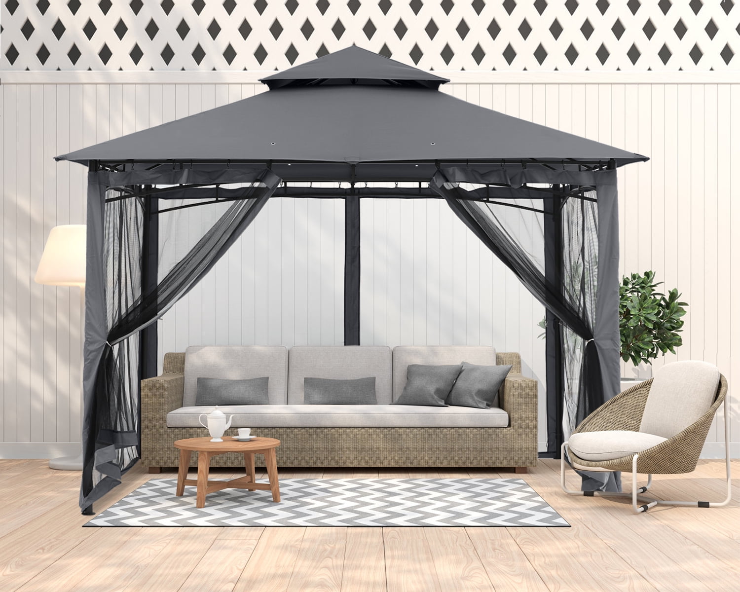 ABCCANOPY 9'x9' Patio Gazebo With Mosquito Netting and Double Soft Roof Canopies for Shade and Rain,Dark Gray