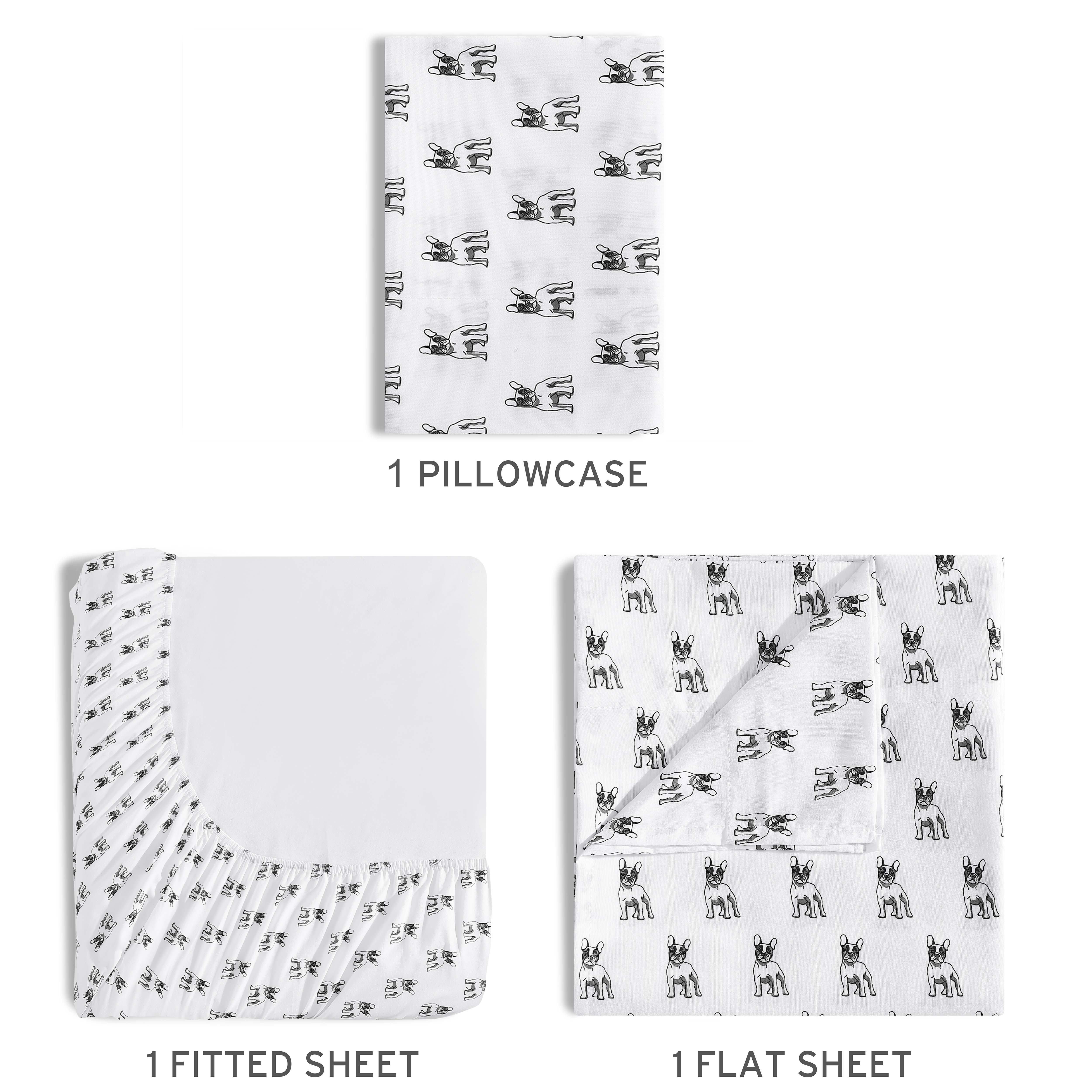 Beatrice Home Fashions, Whimsical Print 3PC Sheet Set, Twin, Bulldog White