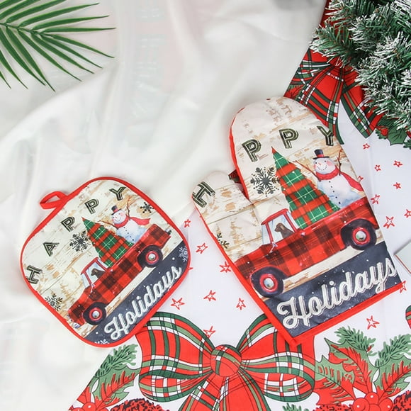 Zeus 1 Set Practical Insulated Glove Soft Wear Fabric Decorative Portable Hanging Christmas Apron Insulated Pad for Daily Use