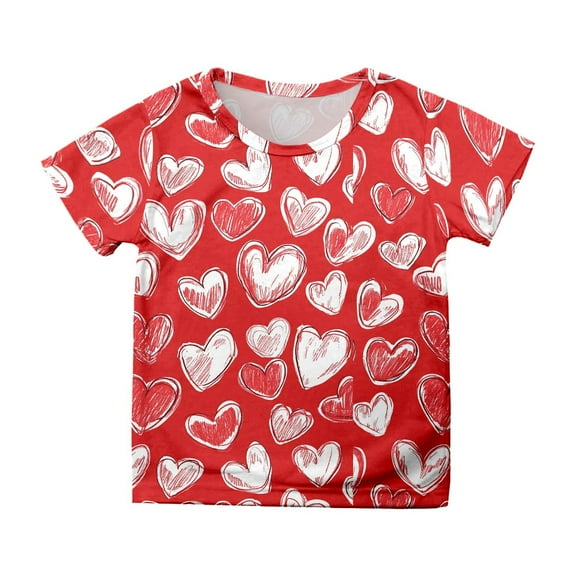 Toddler Girls Tops & T-Shirts Valentine's Day Heart Print Round Neck Short Sleeve Casual Tshirts Outwear,Red,3-4 Years