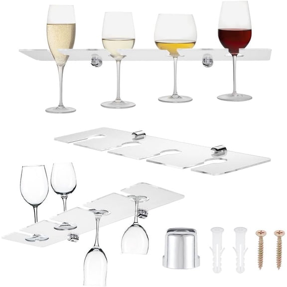 Acrylic Wine Glass Holders Wall Mounted Clear Wine Glass Storage Rack for 4 Glasses Champagne Wall Holder Under Cabinet Wine Glass Display Shelves for Kitchen Bar Restaurant 11 Inch Clear