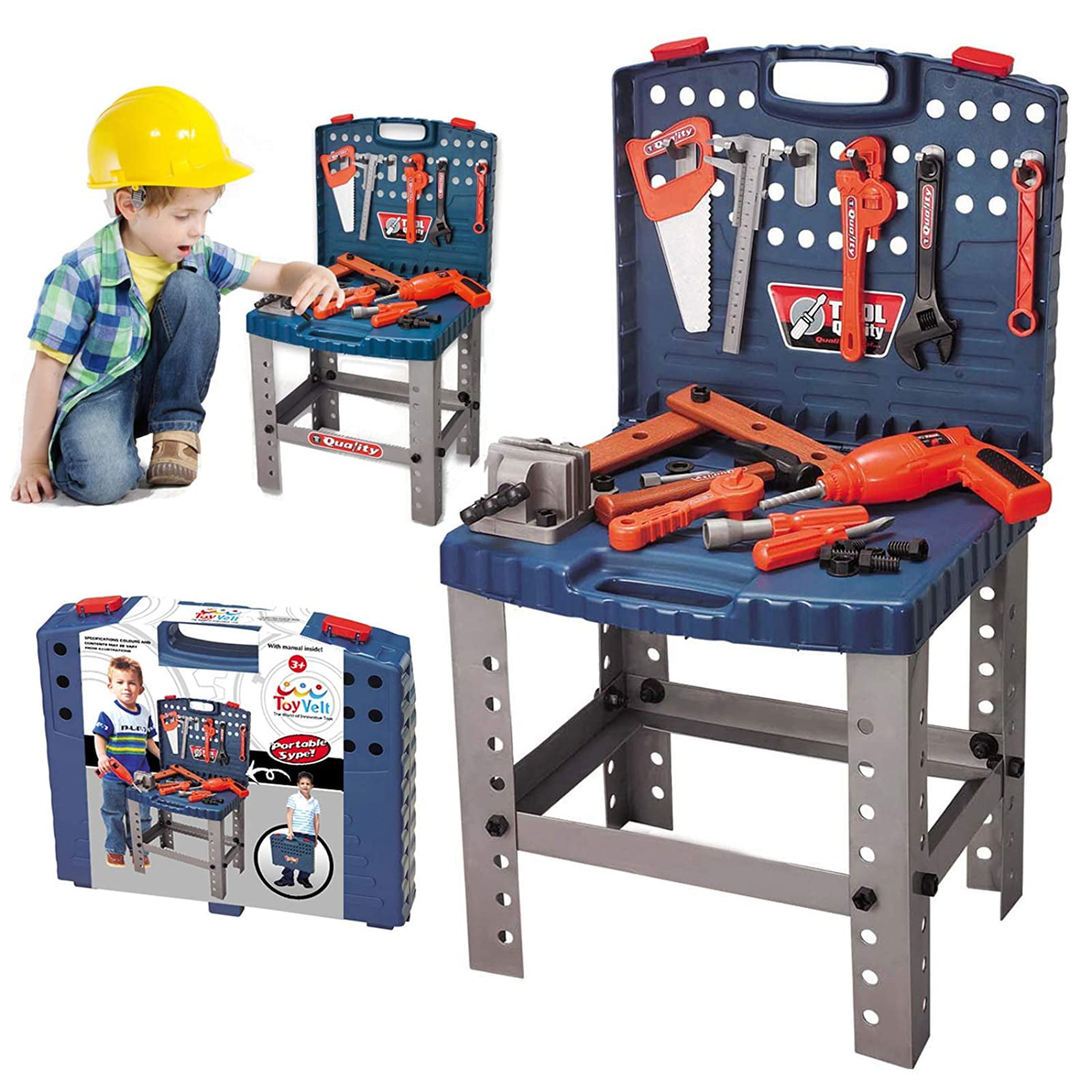 68 Piece Workbench W Realistic Tools ELECTRIC DRILL Kids Pretend Play Toolbox 
