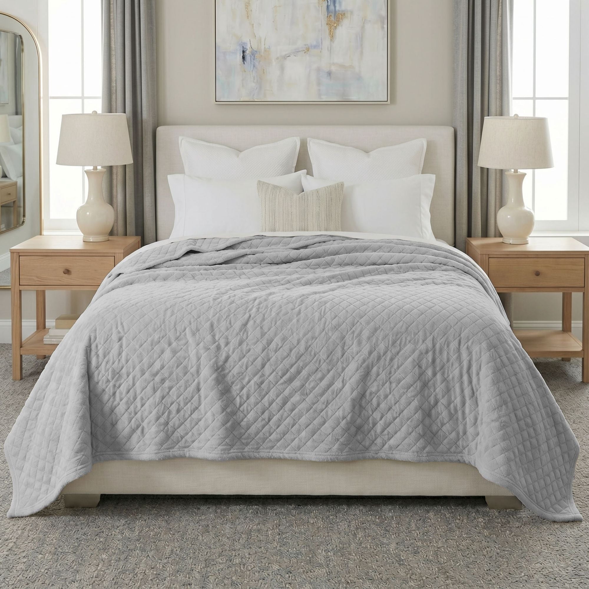 Superior Holly Grid Fluffy Fleece Blanket, Twin XL Size, Platinum